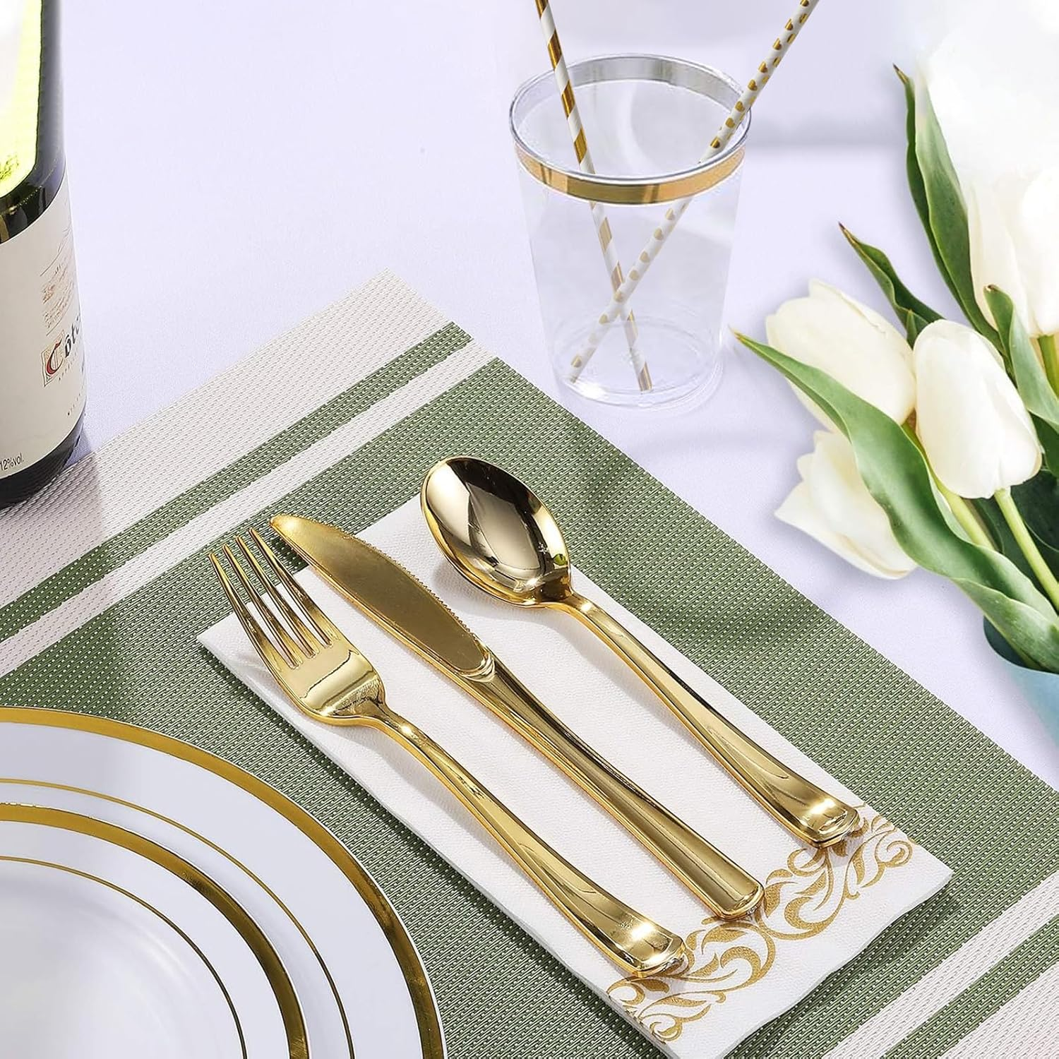 Sebusong 225 Pcs Dinnerware Set Gold, Reusable Plastic Dinner Plates Set Include 25 Dinner Plates, 25 Salad Plates, 75 Silverware(25 Forks, Knives, Spoons), 25 Napkins, 25 Cups, 50 Paper Straws image number 6