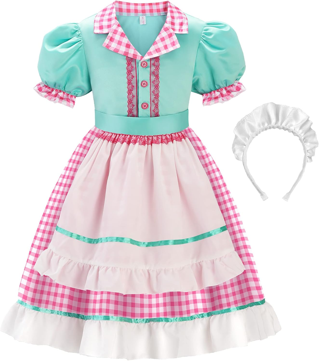 Relibeauty 50S Girl Costume Waitress Costume for Girls with Apron and Headband, Green & Pink