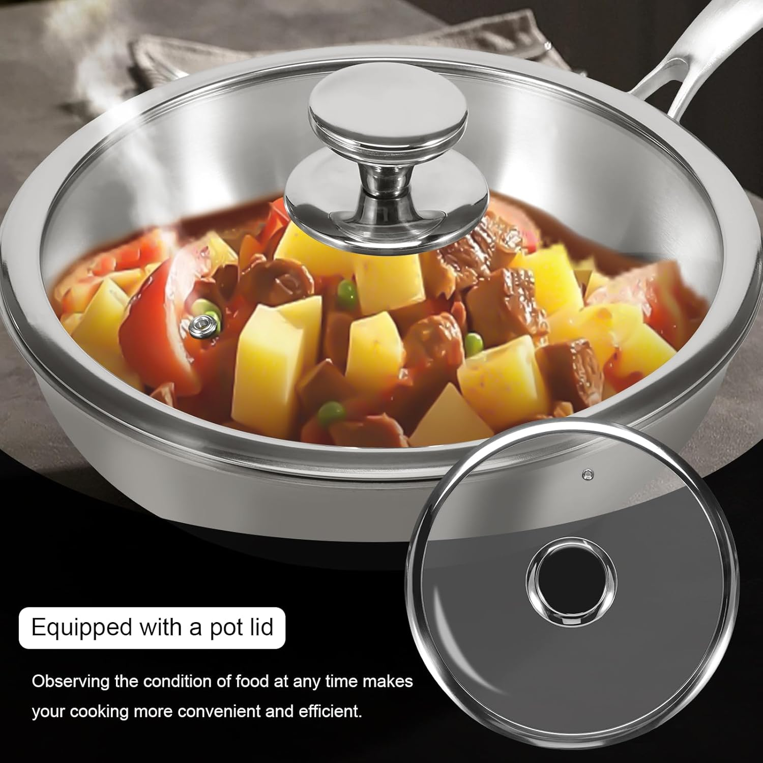 Stainless Steel Frying Pan with Lid Non Stick Open Skillet for All Stoves Induction Cooktop Compatible Camping Frying Pan 10 Inch 26Cm image number 5