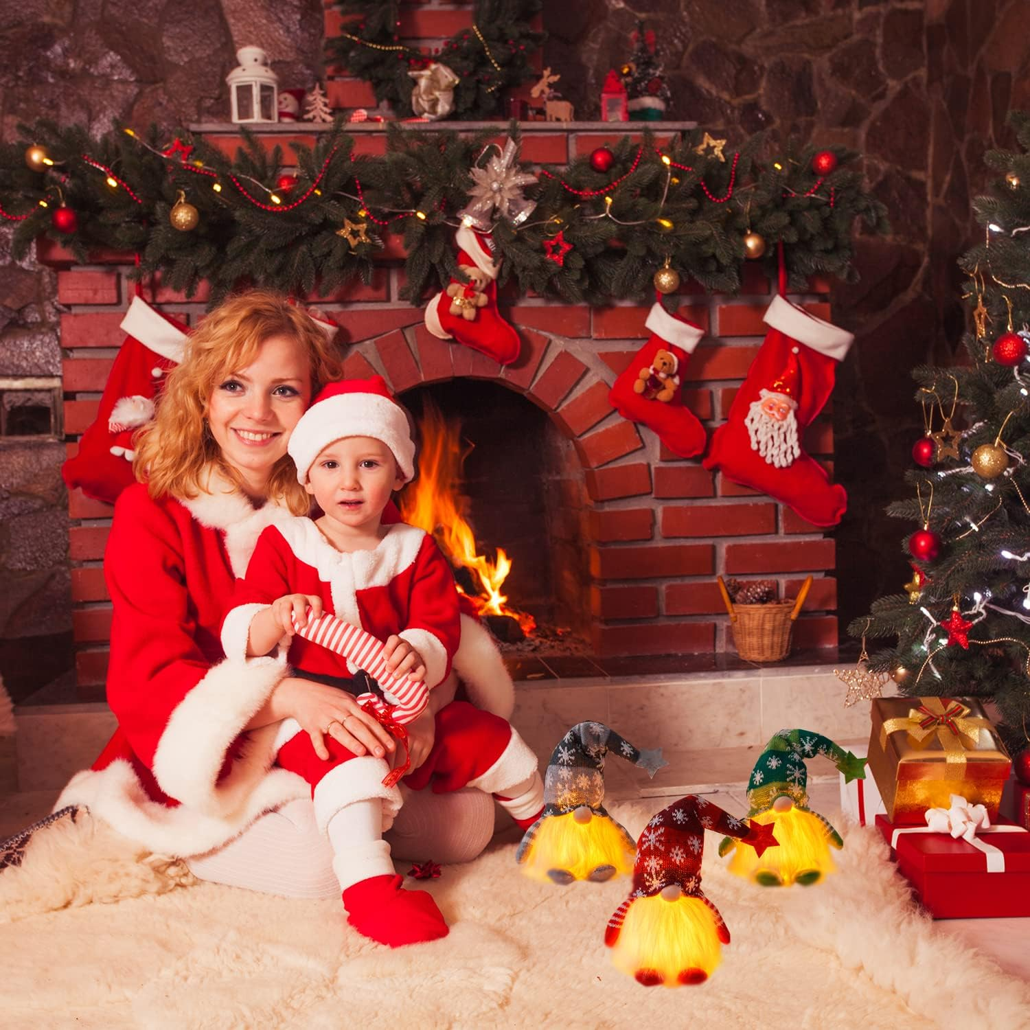 Christmas Gnomes Plush Doll, 2 Pack Christmas Elf Decoration Ornaments Thanks Giving Day Gifts Gnomes Swedish Tomte Xmas Ornaments for Home Decor (Snowflakes，Red&Green) image number 2