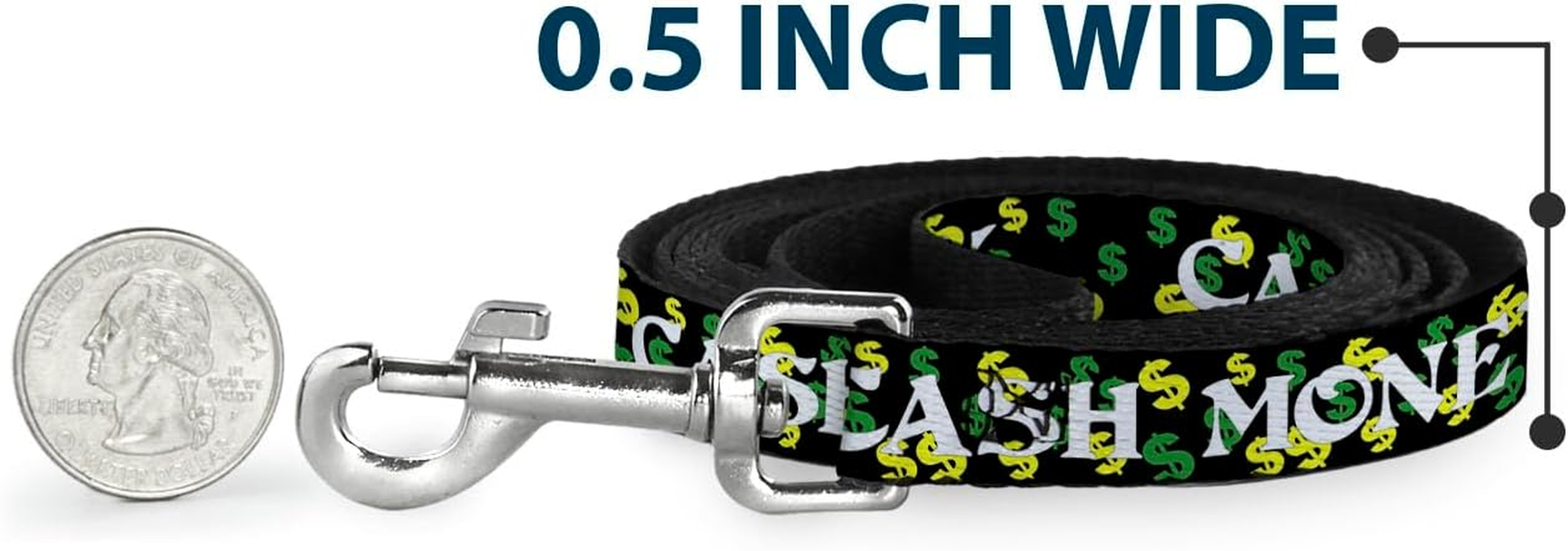 Dog Leash Cash Money Dollar Black White Yellow Green 6 Feet Long 0.5 Inch Wide image number 2