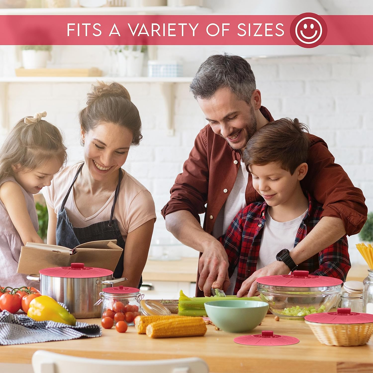 Silicone Bowl Lids Red, Set of 5 Reusable Suction Seal Covers for Bowls, Pots, Cups. Food Safe Natural Grip, Interlocking Handles for Easy Use and Storage. image number 4