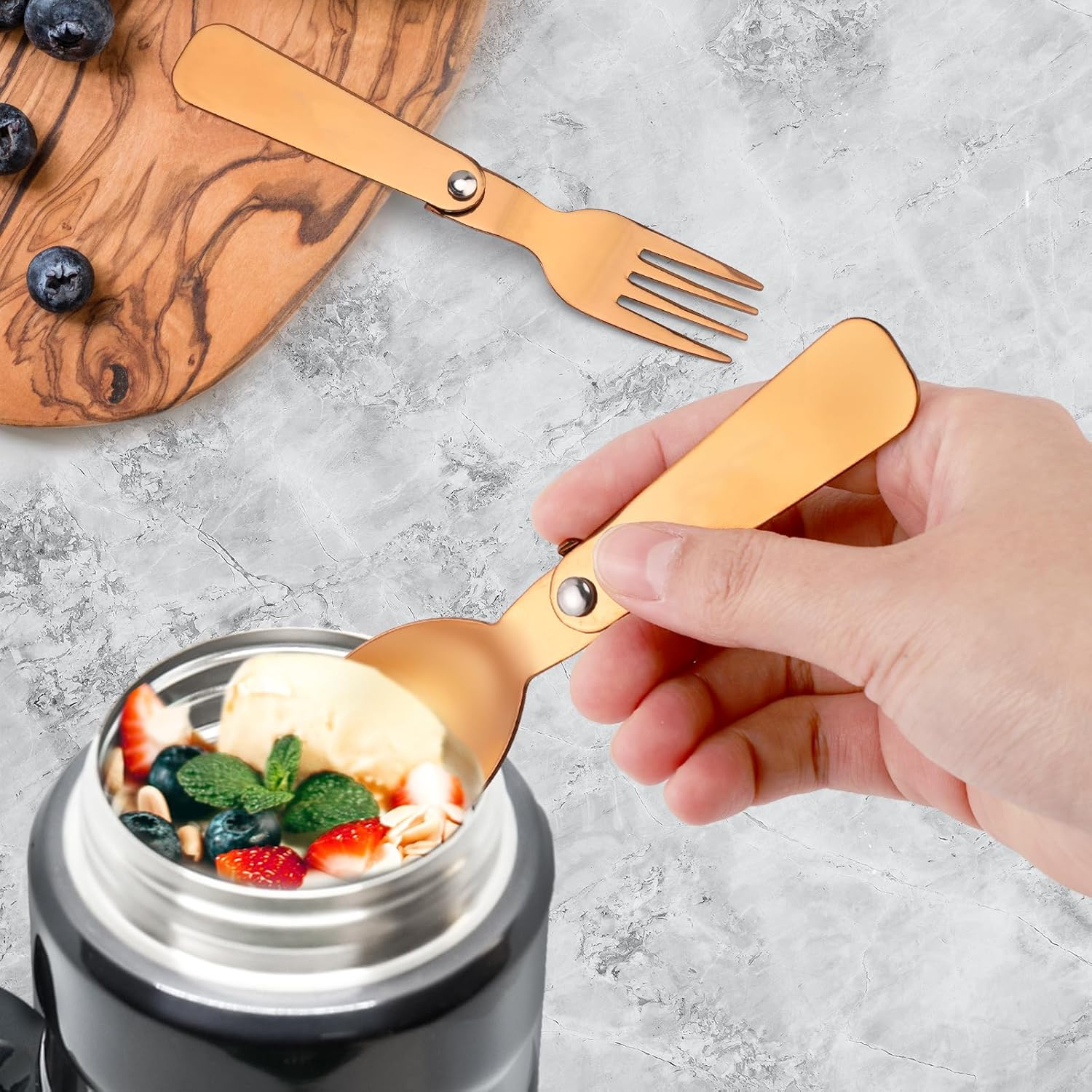 2Pcs Folding Spoons & 2Pcs Folding Forks for Thermos Funtainer 10Oz Food Jar, Stainless Steel Portable Utensil Replacement, Metal Foldable Fork, Home Kitchen Travel Camping Part Accessories(Rose Gold) image number 1
