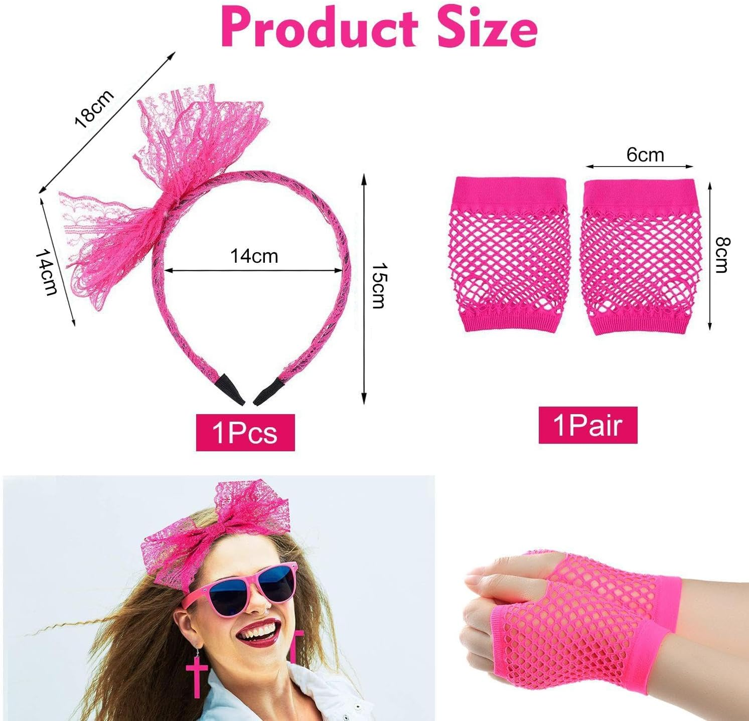 1 Piece Lace Bow Headband with 1 Pair of Mesh Gloves, Neon Hair Accessories for Girls, 80S Headband, Cute Bow Headband, Suitable for Parties, Celebrations, Stage Performances image number 3