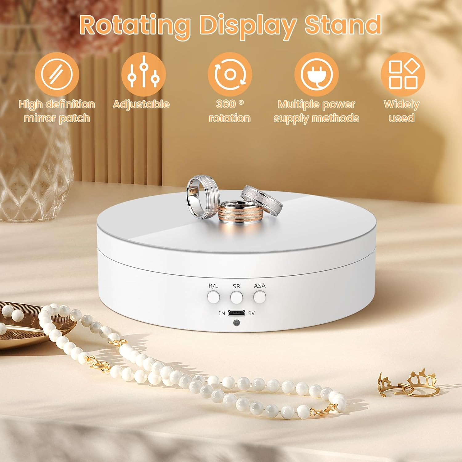 Rotating Display Stand 360&deg; Rotation Electric Rotating Turntable Speed and Direction Adjustable Turntable Display Stand with Low Noise for Jewelry/Photography Products/Watch/Cup and Ect. (White)