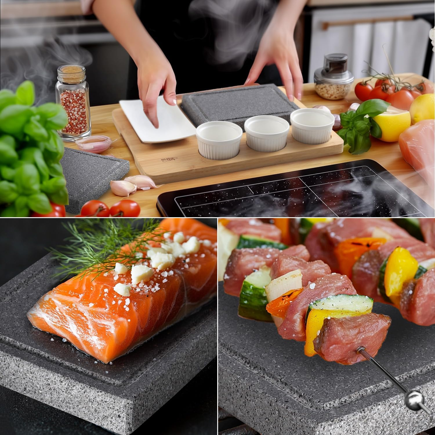 Artestia Volcanic Lava Rock Cooking Stones for Steak - 2-Piece 8.46&times;6.49In Stone with 1 Bamboo Tray, 3 Sauces Bowls, Grill & BBQ Hot Stones for Indoor Outdoor Use - Upgraded Version image number 5