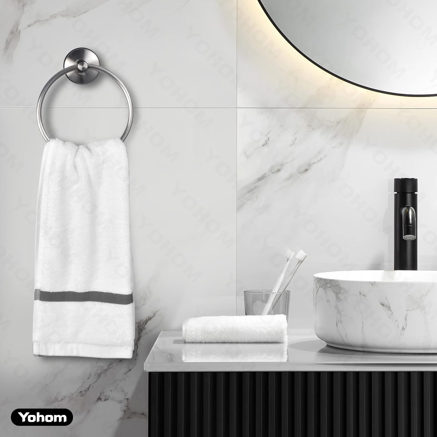 YOHOM Suction Towel Ring for Bathroom Kitchen Hand Towel Holder Suction Cup Stainless Steel Vacuum Shower Towel Rack Wall Mounted Bath round Tea Towel Hanger for Glass No Drilling Brushed image number 3