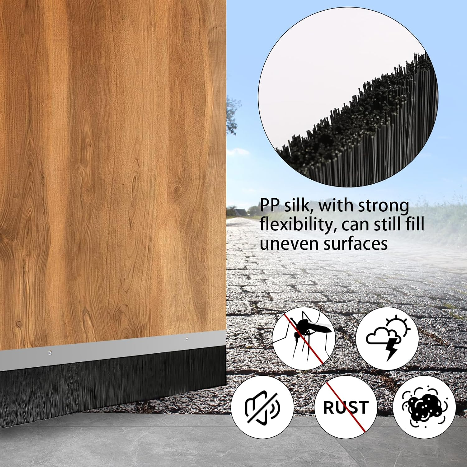 3 Pack Double Layer Garage Door Brush Seal Kit &ndash; 2.5" X 39.3" Bottom Sweep Draught Excluder Stopper &ndash; Heavy Duty Aluminum Base &ndash; Dust, Insect Proof for Roll-Up, Exterior & Industrial Use (118") image number 3