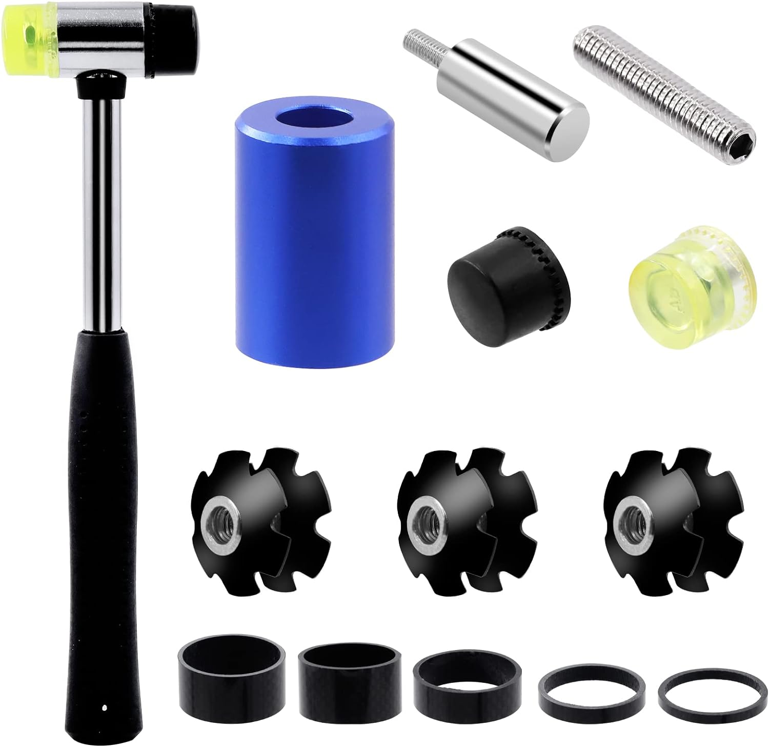 Glarks 15Pcs Bike Fork Star Nut Headset Spacer Installation Tool Kit, Bike Fork Installer Setting Tool and Rubber Hammers with Star Nuts and 3/5/10/15/20Mm Bicycle Carbon Fiber Headset Spacer Kit