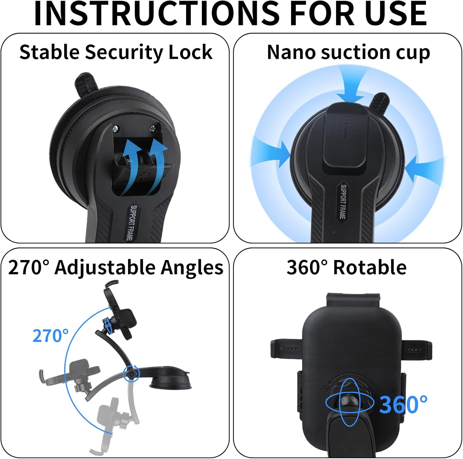 Car Phone Holder with Textured Surface, Stretch - Adjustable Arm, PC + ABS Material, Strong Suction Mount 360&deg; Rotation for Dashboard/Windshield, Compatible with 4.5" - 7" Smartphones (Black) image number 2