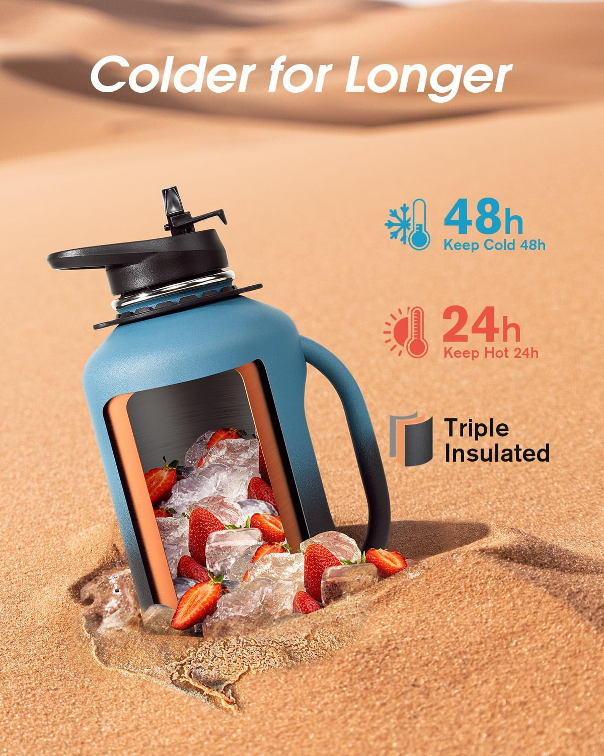 64 Oz Water Bottle Insulated with Handle, Coolflask Half Gallon Water Jug with Strap Straw Stainless Steel Double-Walled Vacuum Metal Large Flask Leakproof, Keep Cold 48 Hrs Hot 24Hrs, Prussian Blue - Magic Black image number 6