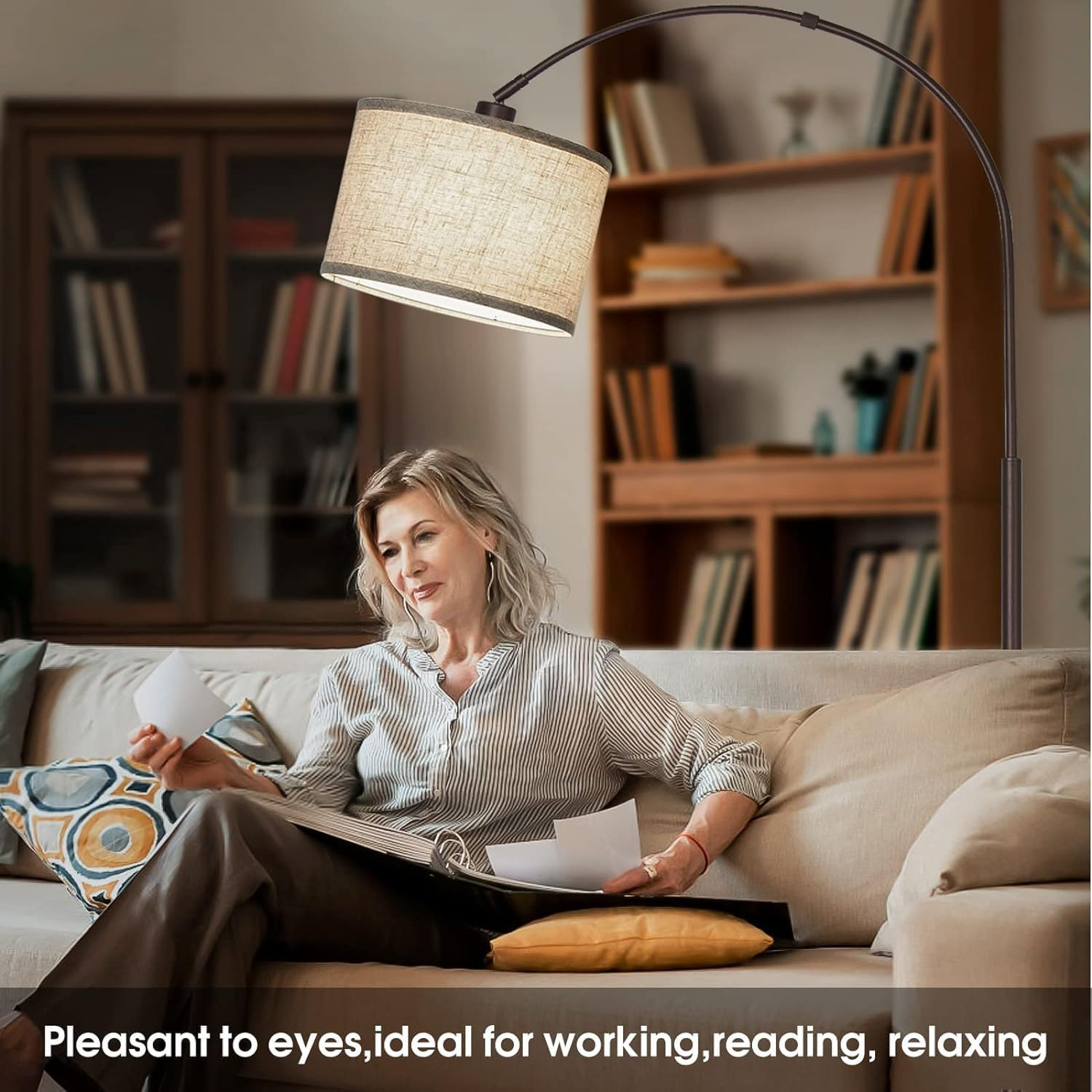 Arc Floor Lamp,75&Prime;Height Tall Lamp,Modern Floor Lamp with Stepless Dimmable Bulb,For Living Room with Hanging Drum Shade and Weighted Base.Mid Century Standing Lamp for Bedroom image number 6