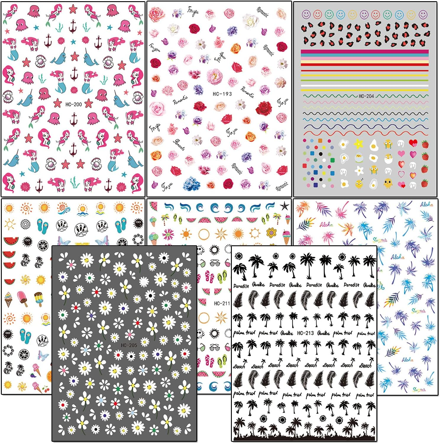 8 Sheets Nail Stickers - Holographic Flowers, Leaf, Mermaid, Leopard, Coconut Tree Designs for Women, Girls & DIY Nail Art image number 1