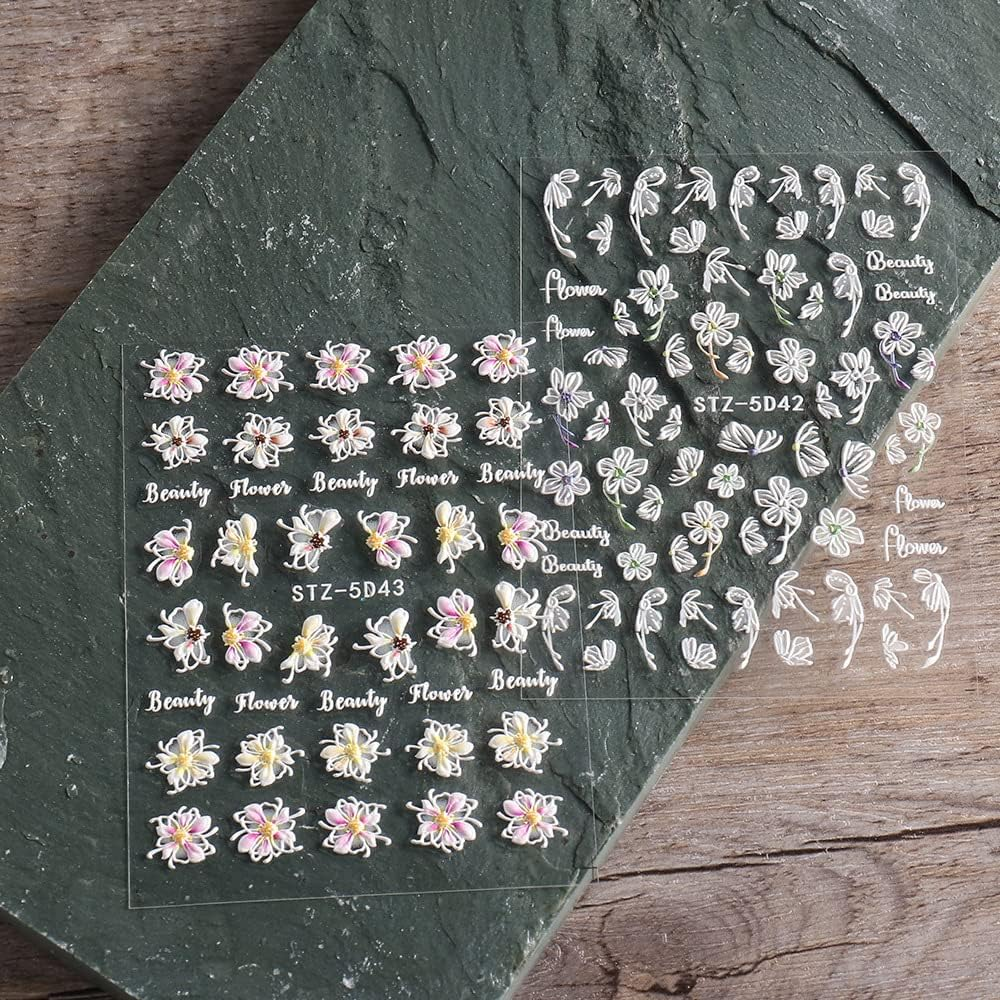 3D Embossed Flowers Nail Art Stickers Decals 4 Sheets 5D Self-Adhesive Pegatinas U&ntilde;as Pink Cherry Blossoms Nail Supplies Nail Art Design Decoration Accessories image number 6