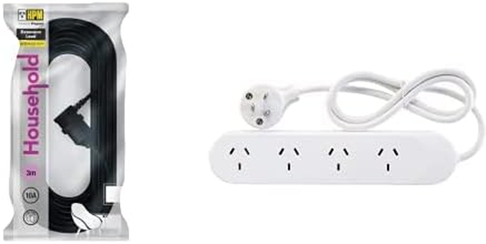 HPM Entertainment Extension Lead Black 3M + Standard 4 Outlet Powerboard White