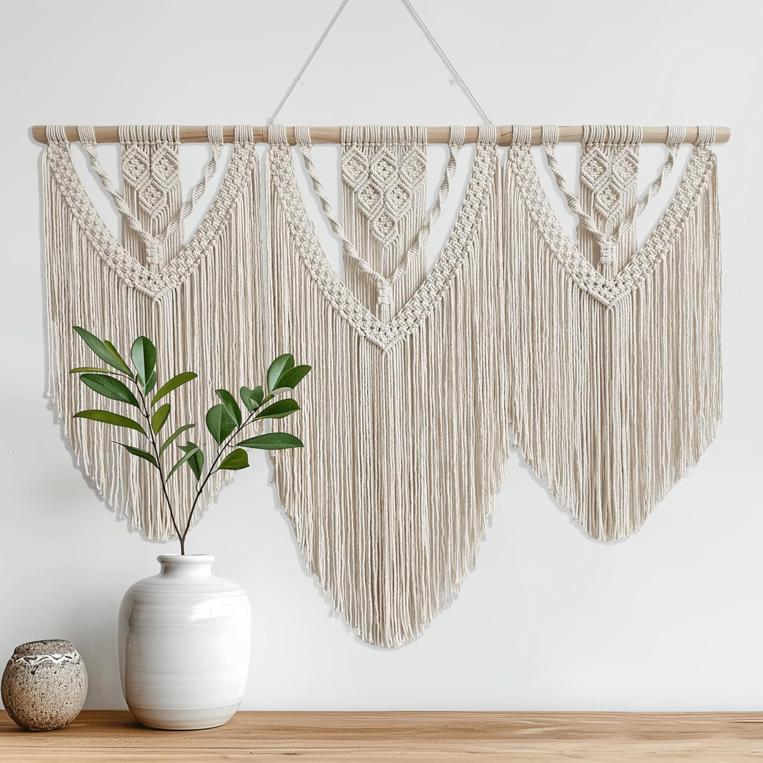 Large Handmade Boho Macrame Wall Hanging Tapestry - Chic Bohemian Woven Home Decor Art for Living Room, Bedroom, and Wedding Parties - Triangular, Beige F image number 4