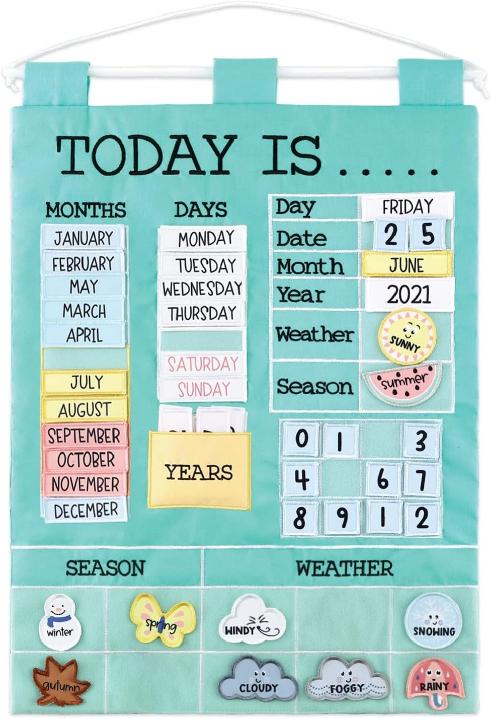 The Peanutshell Preschool Educational Wall Calendar - 53 Fabric Pieces for Months, Days, Years, Weather, & Seasons