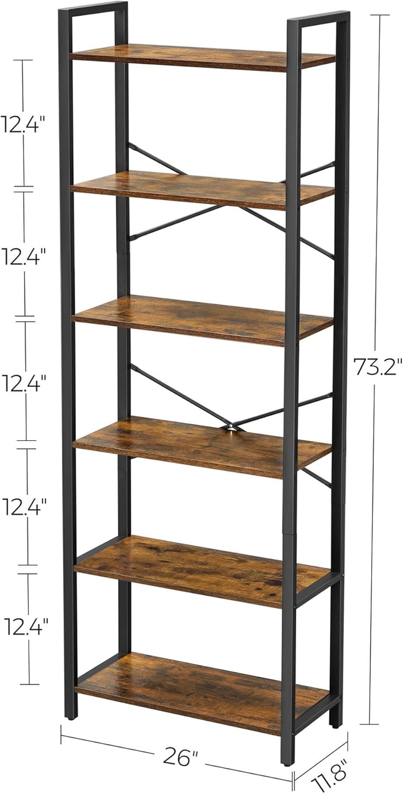 VASAGLE 6-Tier Tall Bookshelf, Large Bookcase with Steel Frame, Deep Book Shelf for Living Room, Home Office, Study, 11.8 X 26 X 73.2 Inches, Industrial Style, Rustic Brown and Black ULLS062B01