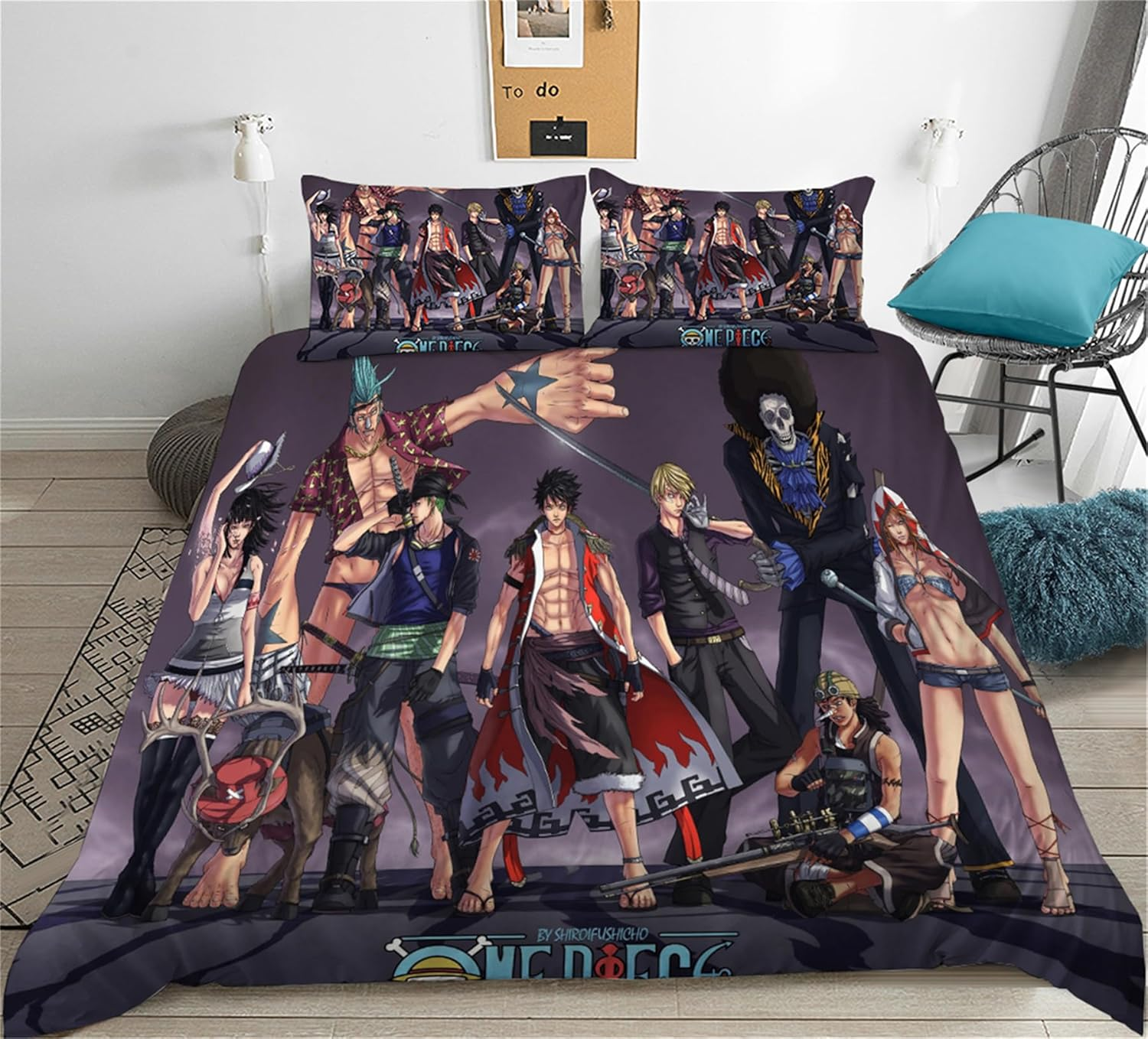 Kids 3 Pieces Bedding Duvet Cover Set Anime One Piece Quilt Cover Queen Size Lightweight Duvet Cover for Bedroom