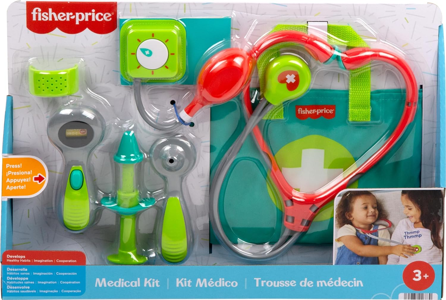 Fisher-Price Preschool Pretend Play Medical Kit 7-Piece Doctor Bag Dress up Toys for Kids Ages 3+ Years