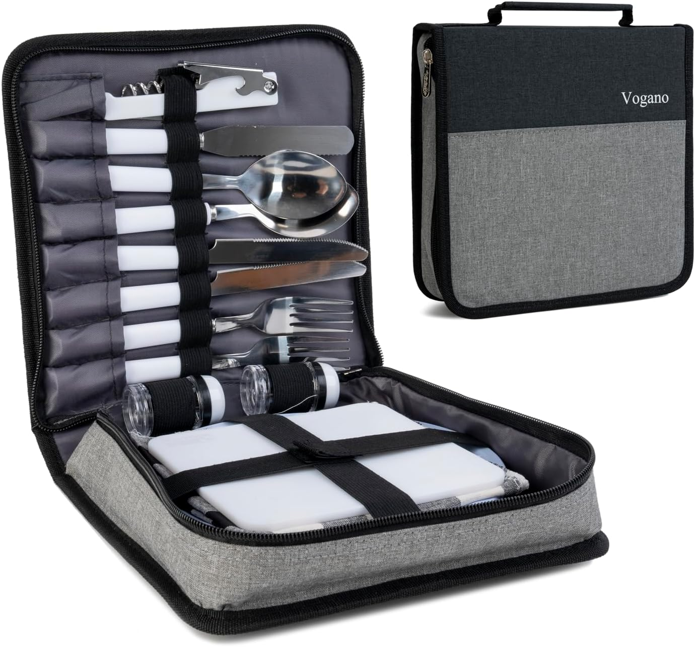 Picnic Set for 2 - Includes 16 Pcs, Portable Travel Utensils with Case, Reusable Camping Cutlery Plates, Stainless Steel of Spoons and Forks, for Hiking, Camp, BBQ, Gift (Grey) image number 1