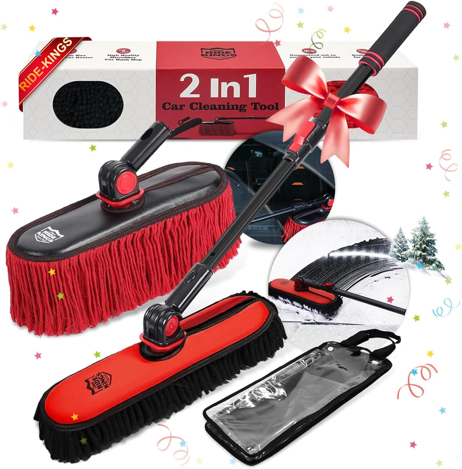 2In1 Brush and Duster for Car Exterior,Chenille Car Wash Brush Mop*1Pc,Wax Cotton Car Duster Mop*1Pc Remove Dust,Freely Switch a Retractable Black Steel Pole,Car Cleaning Supplies for Truck Rv Boat