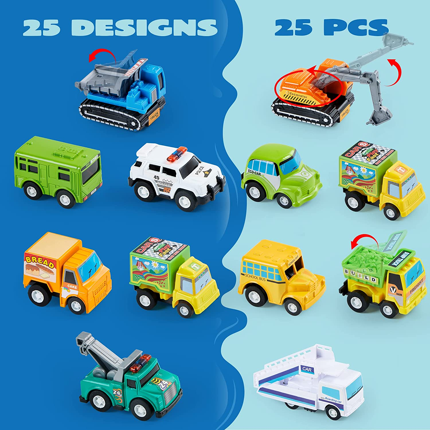 JOYIN 25 Pieces Pull Back Cars and Trucks Toy Vehicles Set for Toddlers, Girls and Boys Kids Play Set, Die-Cast Car Set, Kids Party Favors, Stocking Stuffers, Kids Presents Toys image number 6