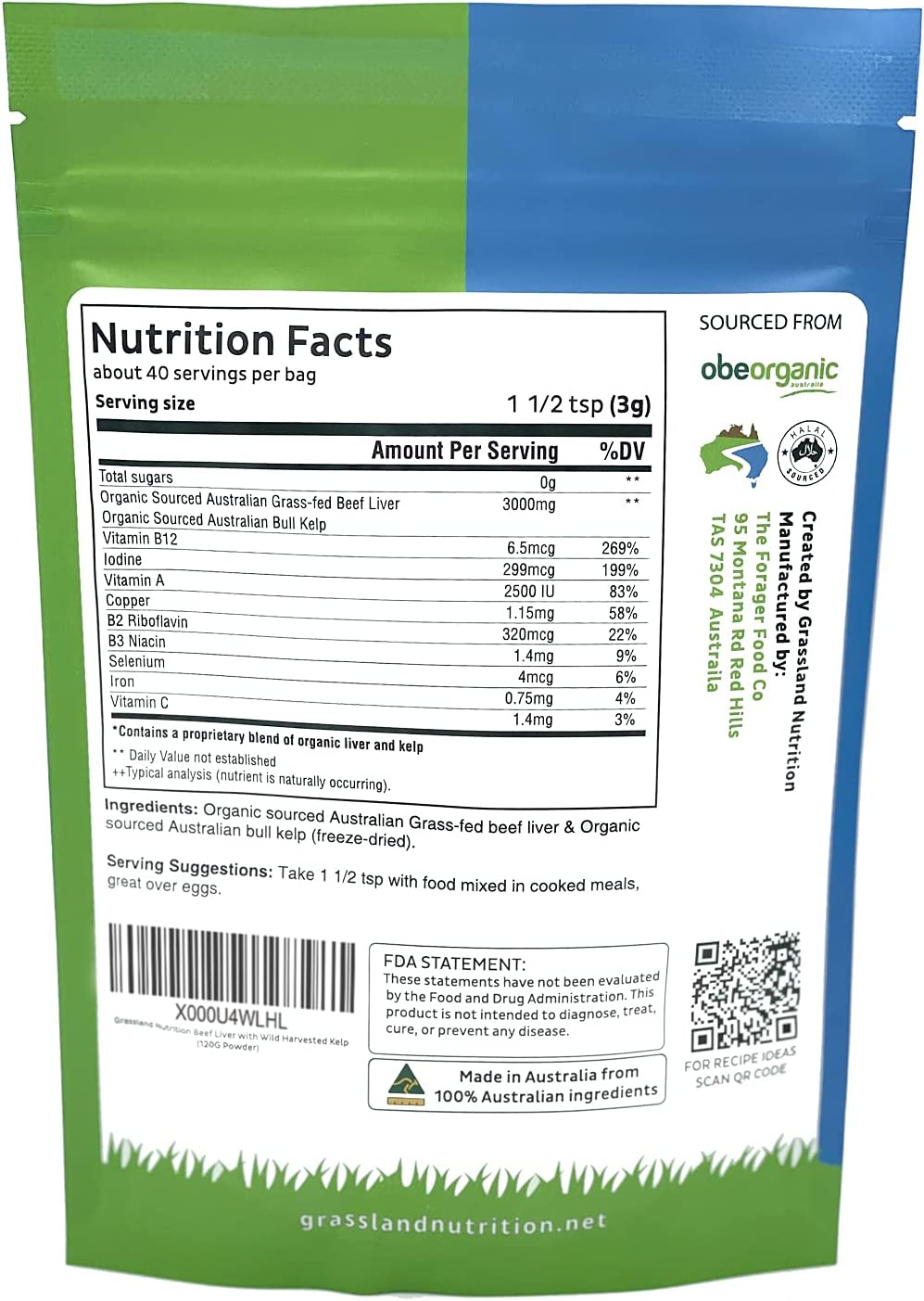 Grass Fed Beef Liver with Wild Harvested Kelp Energy Formula &mdash; Natural B12, Iodine, Iron & Vitamin a (120G Powder)