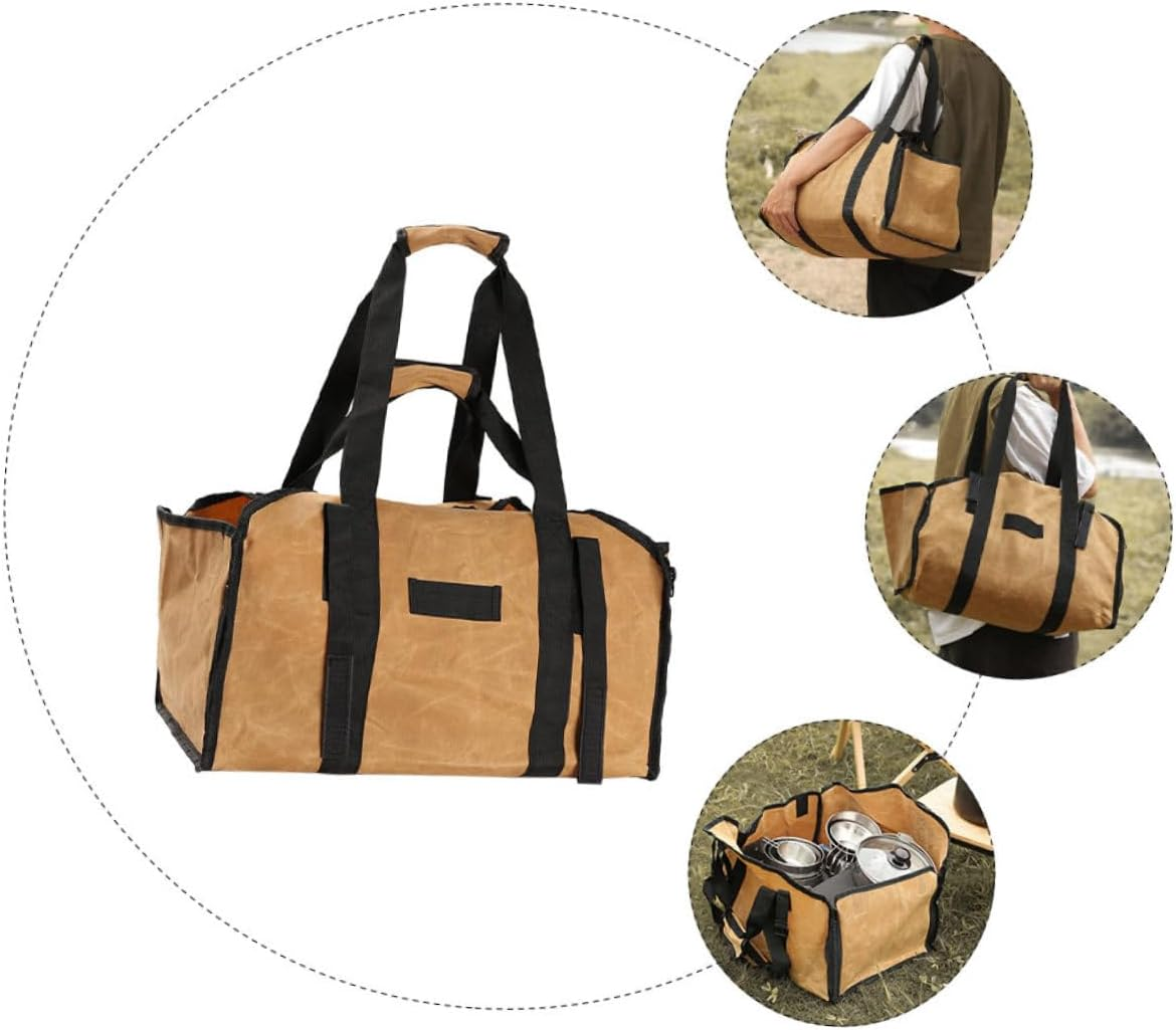 Firewood Storage Bag Canvas Tote Large Capacity Wood Carrier Handheld Firewood Pouch for Outdoor Camping and Fireplace Khaki Log Holder image number 3