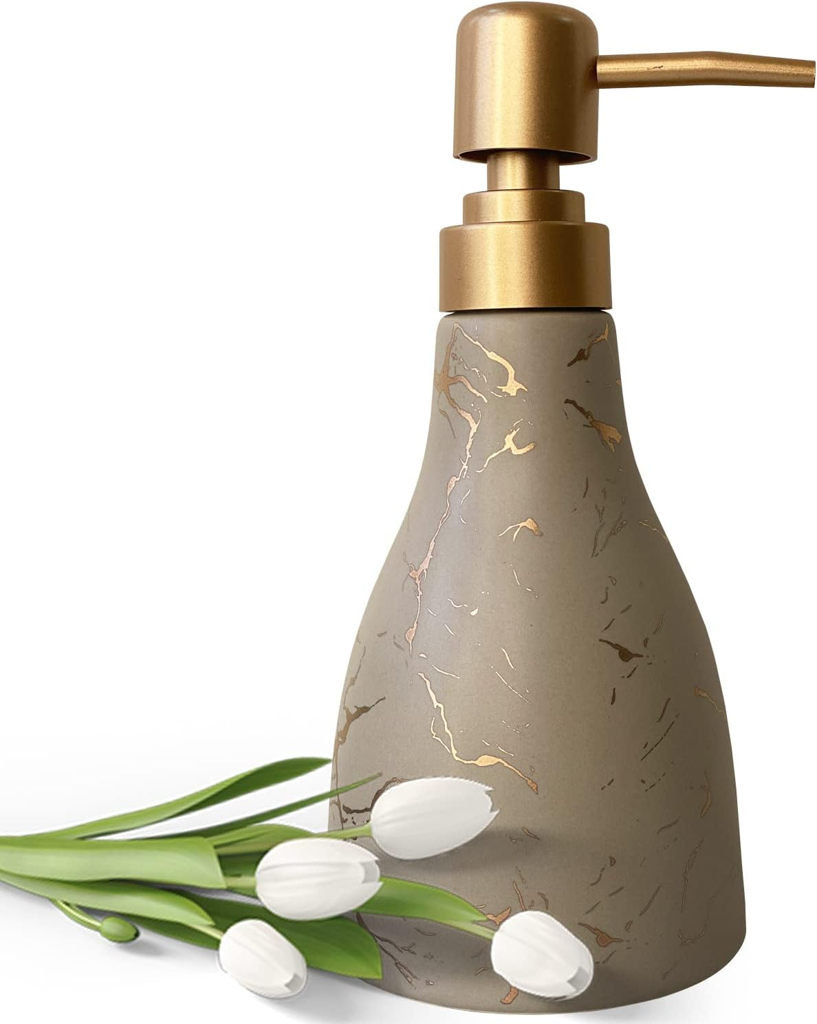 Grey Ceramic Soap Dispenser for Bathroom & Kitchen with Marble Pattern Liquid Hand Dispenser Pump Bottle (Grey)