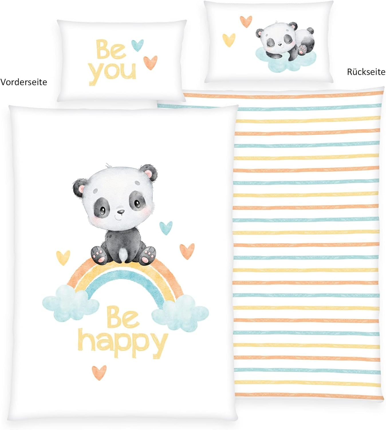 Herding Baby Best Flannel Bed Linen Rainbow Panda, Made in Green by Oeko Tex, Pillowcase 40 X 60 Cm with Envelope Closure, Duvet Cover 100 X 135 Cm with Button Closure, Cotton, Flannel image number 2