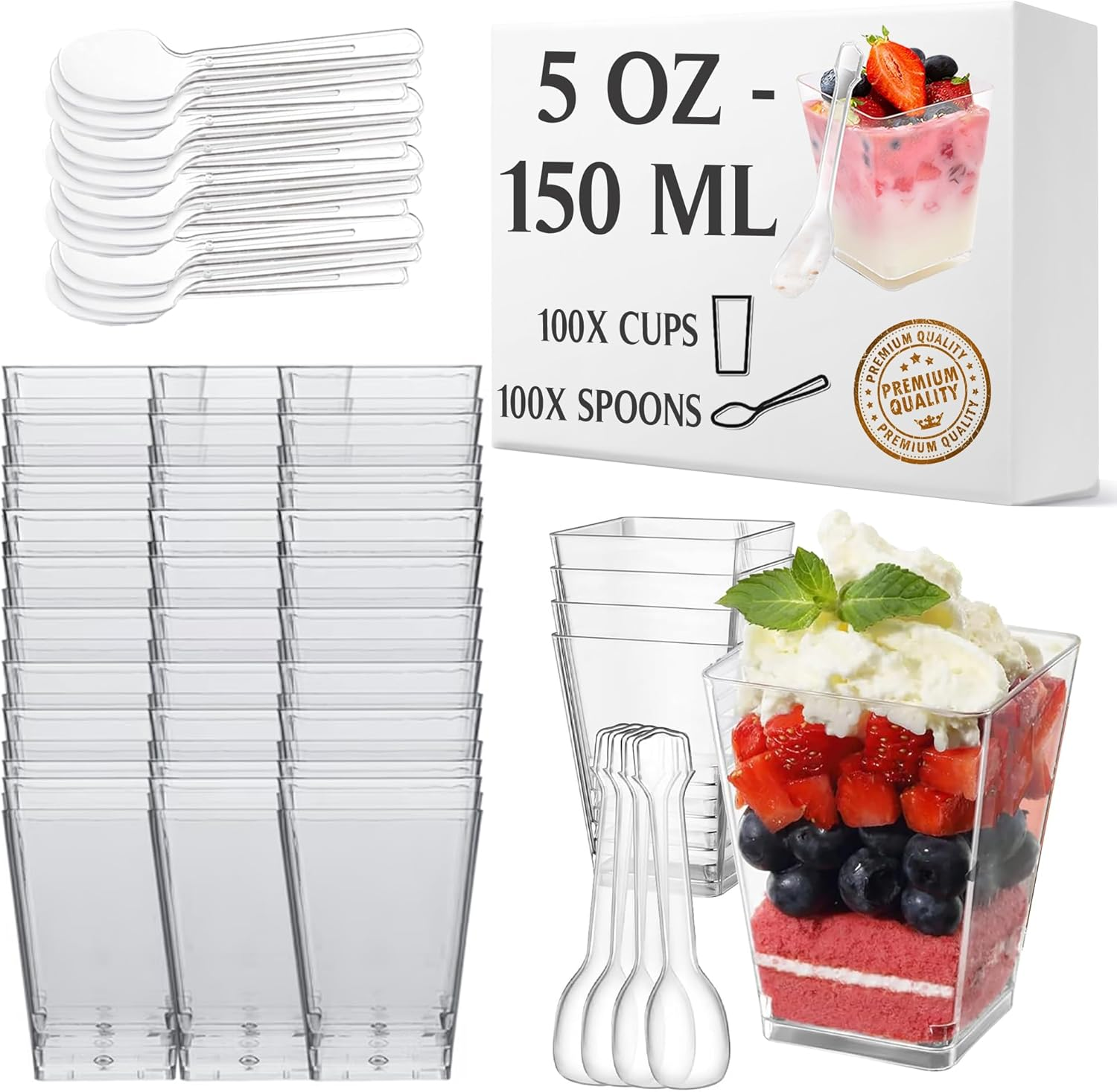 100 X 5Oz/150Ml Mini Cups with 100 Spoons - Reusable Clear Dessert Cups - Clear Dessert Shooter Cups BPA Free - Small Dessert Cups for Appetizer, Puddings, Mousse, Yogurt and Ice Cream image number 4