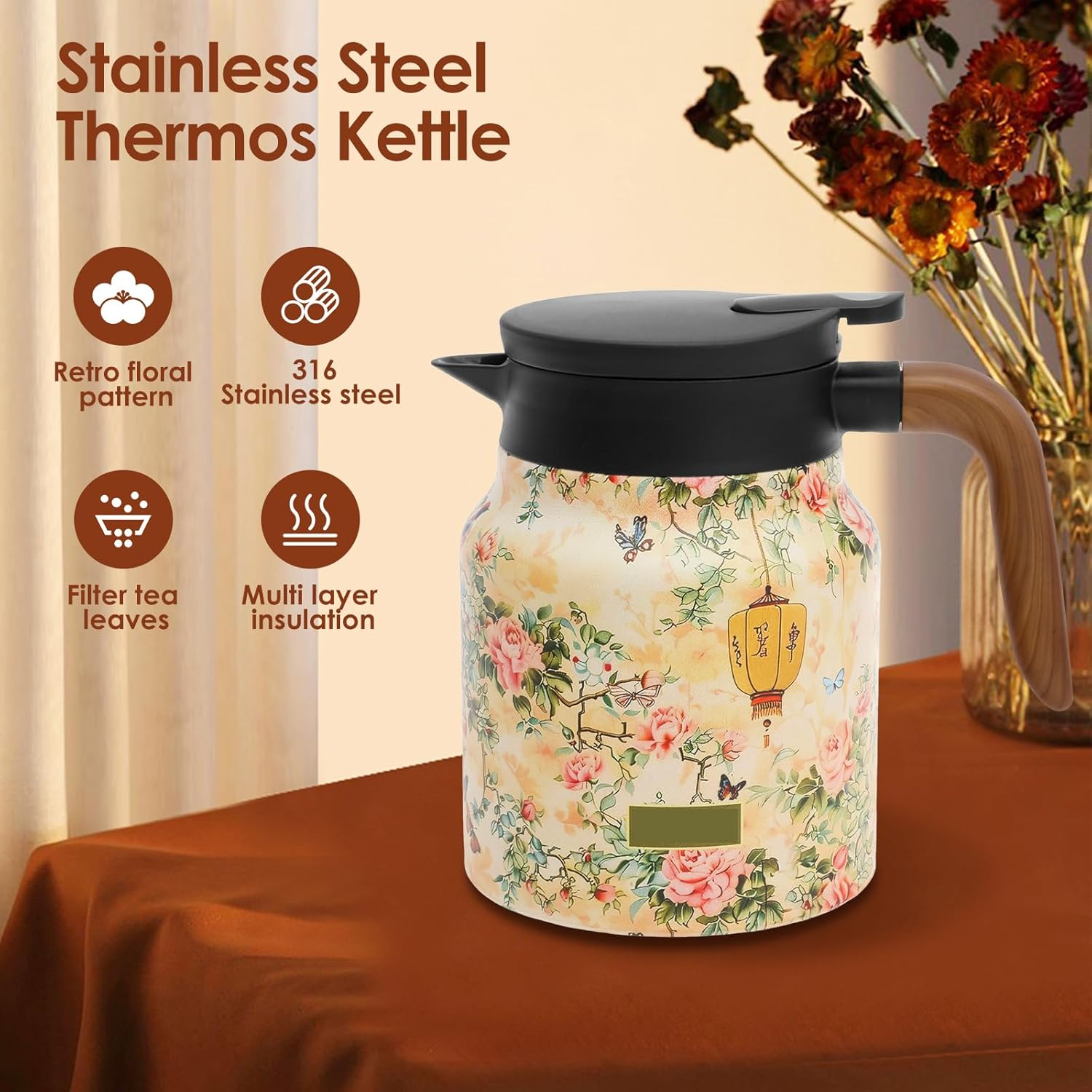 Thermal Tea Pot with Handle and Built in Infuser Stainless Steel Insulated Tea Kettle Flower Pattern Insulated Infuser Pot Practical Thermal Carafe for Home Office Zjmcajy(Beige) - Beige image number 5