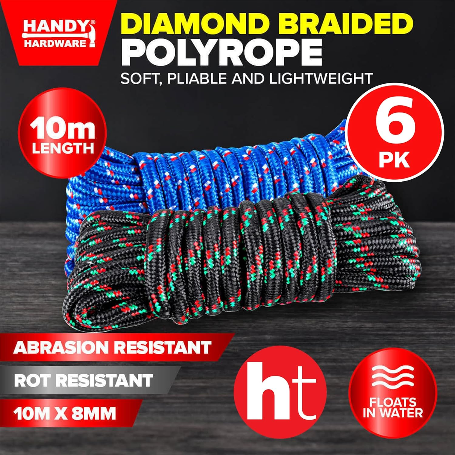 [6PK] Handy Hardware Diamond Braided Polyrope - 8Mm X 10M, Durable and Strong, Ideal for Use in Agriculture and Livestock image number 2