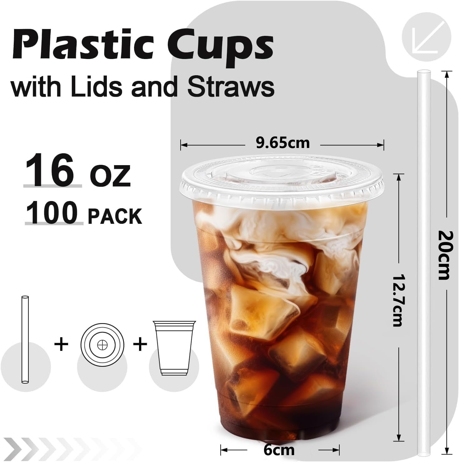 100 Pack 16Oz Reusable Transparent PET Plastic Cups with Lid and Leak Proof Paper, Standard Lidded Drinking Cups for Wedding, Thanksgiving, Christmas and Camping Party image number 5