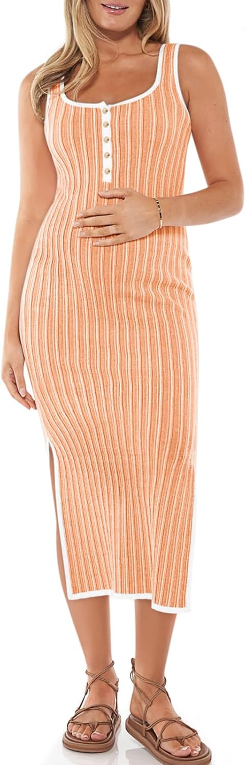 Summer Maternity Dress Rib Knit Sleeveless Button Bodycon Nursing Dresses Side Slit Stretchy Pregnancy Clothes image number 1
