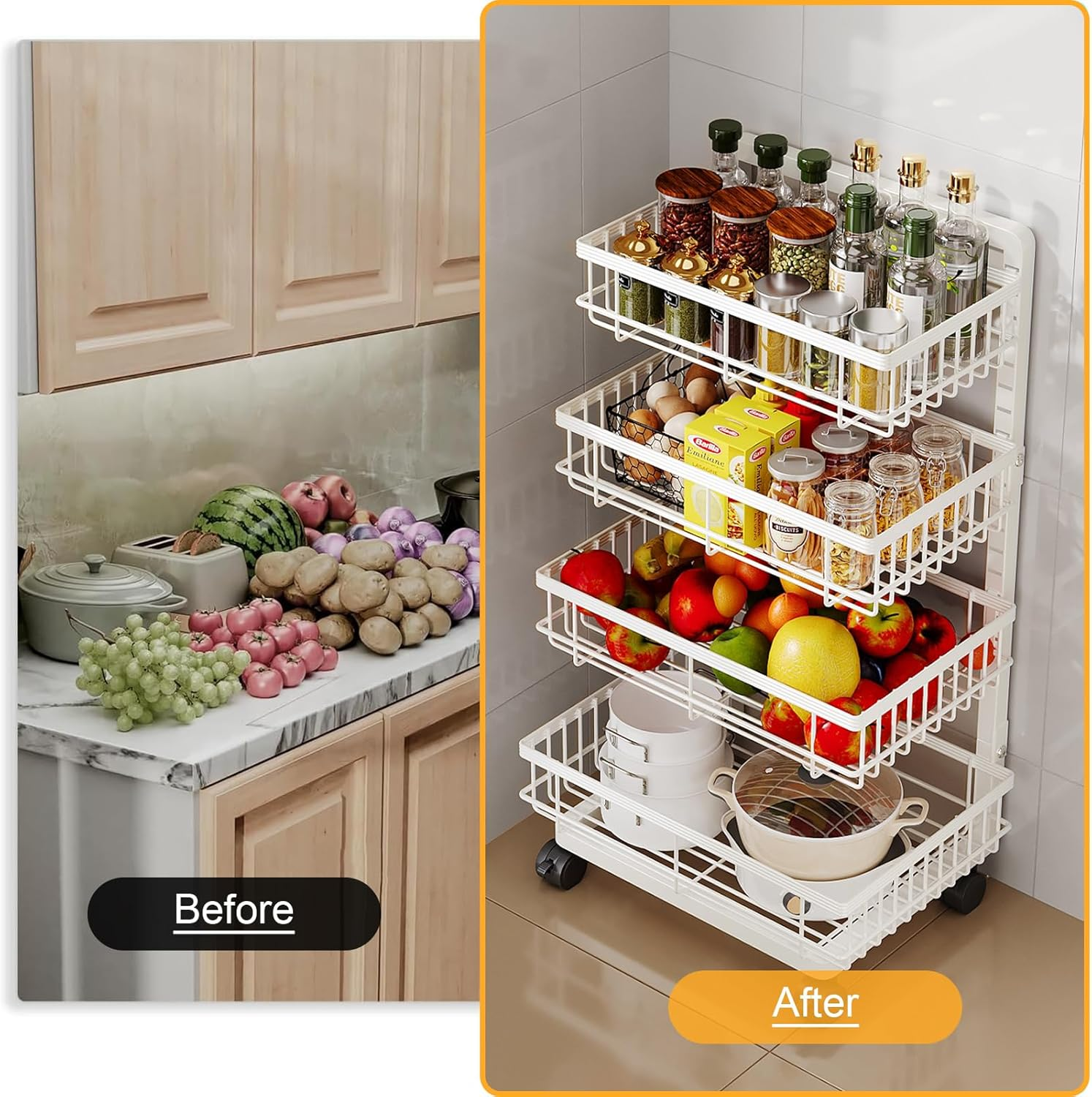 4-Tier Utility Rolling Cart, Metal Storage Cart with Wheels, Versatile Rolling Storage Snack Carts, Adjustable Fruit Vegetable Basket Rack for Pantry, Bathroom, Kitchen, Office (White) image number 3