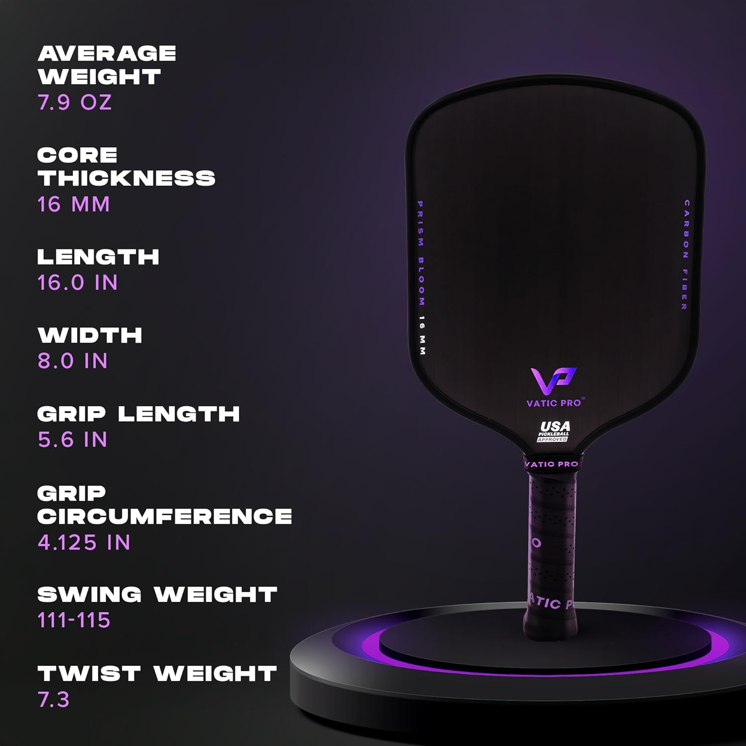 Vatic Pro Prism Bloom Carbon Fiber 16Mm - Foam Injected Walls - Includes Paddle Cover