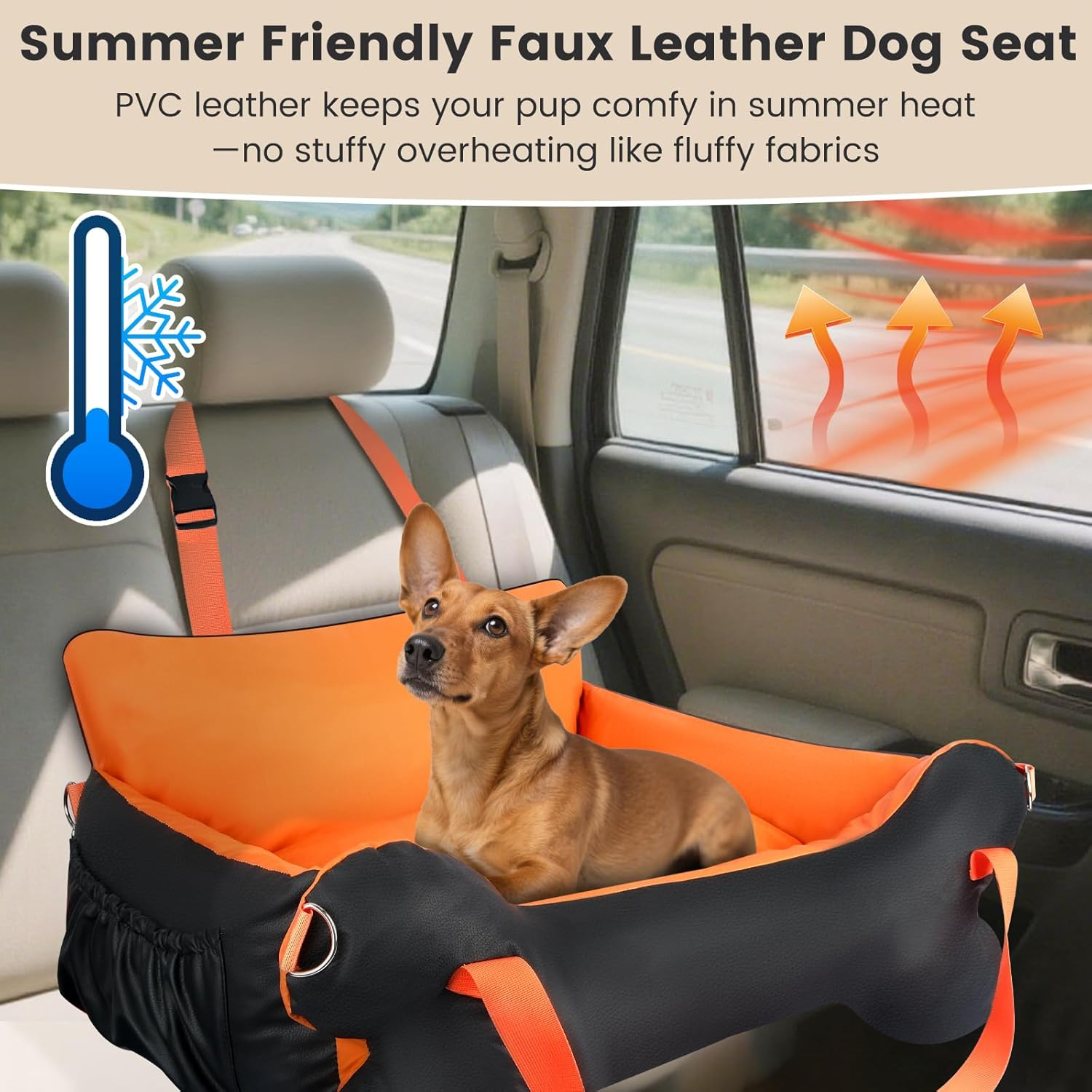 29.5"X19.7"X9.8" Dog Car Seat for Middle Dogs & Cats with Leash, Water-Resistant Faux Leather Booster Car Seat with Side Pocket for Summer Travel, Dog Bed for SUV, Truck with Bone Decor image number 3