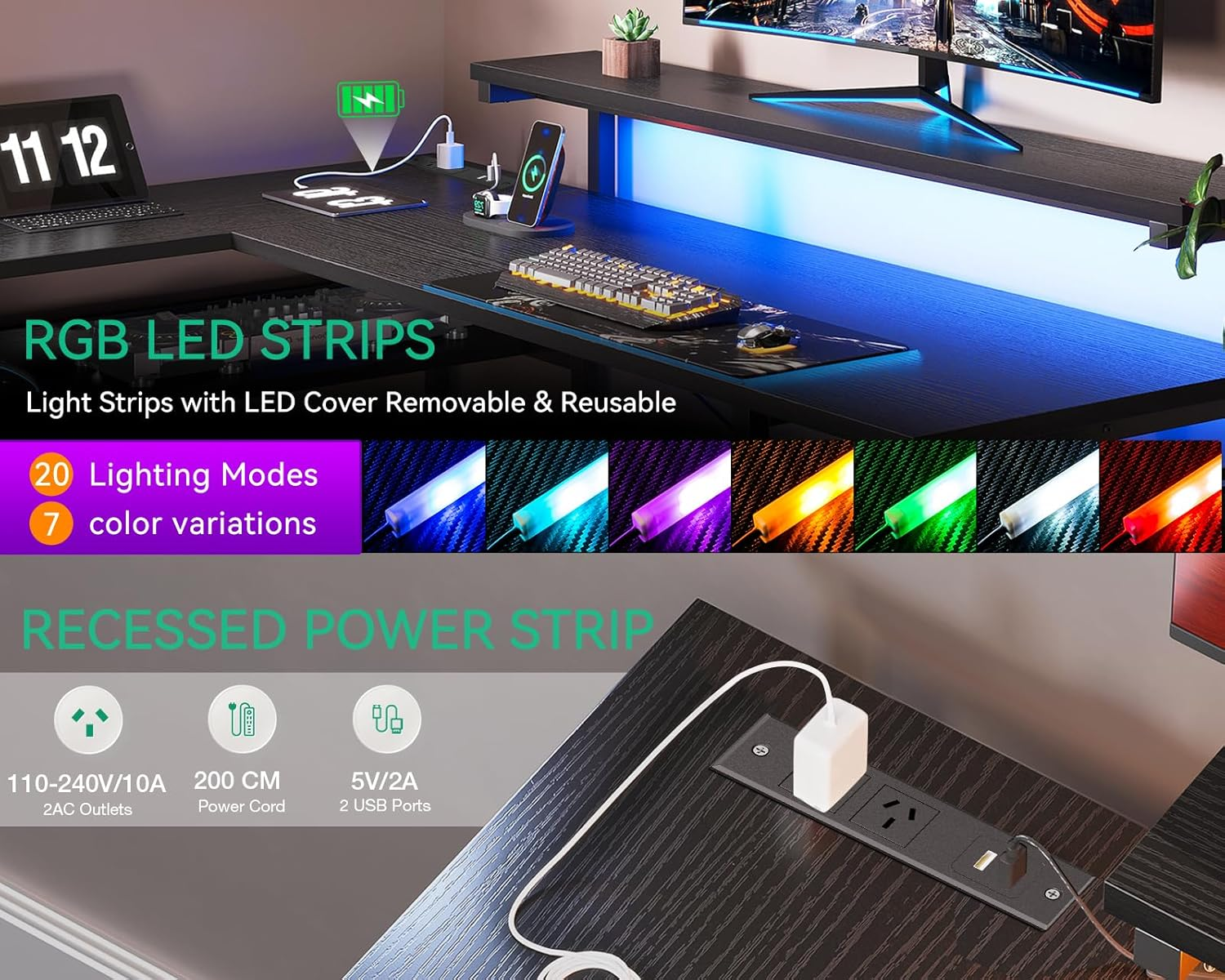 ODK L Shaped Desk with 4 Drawers, Corner Gaming Desk with LED Lights & Power Outlets, Reversible Home Office Computer Desk with Monitor Shelf,135 * 112.1 * 91.2Cm, Black image number 2