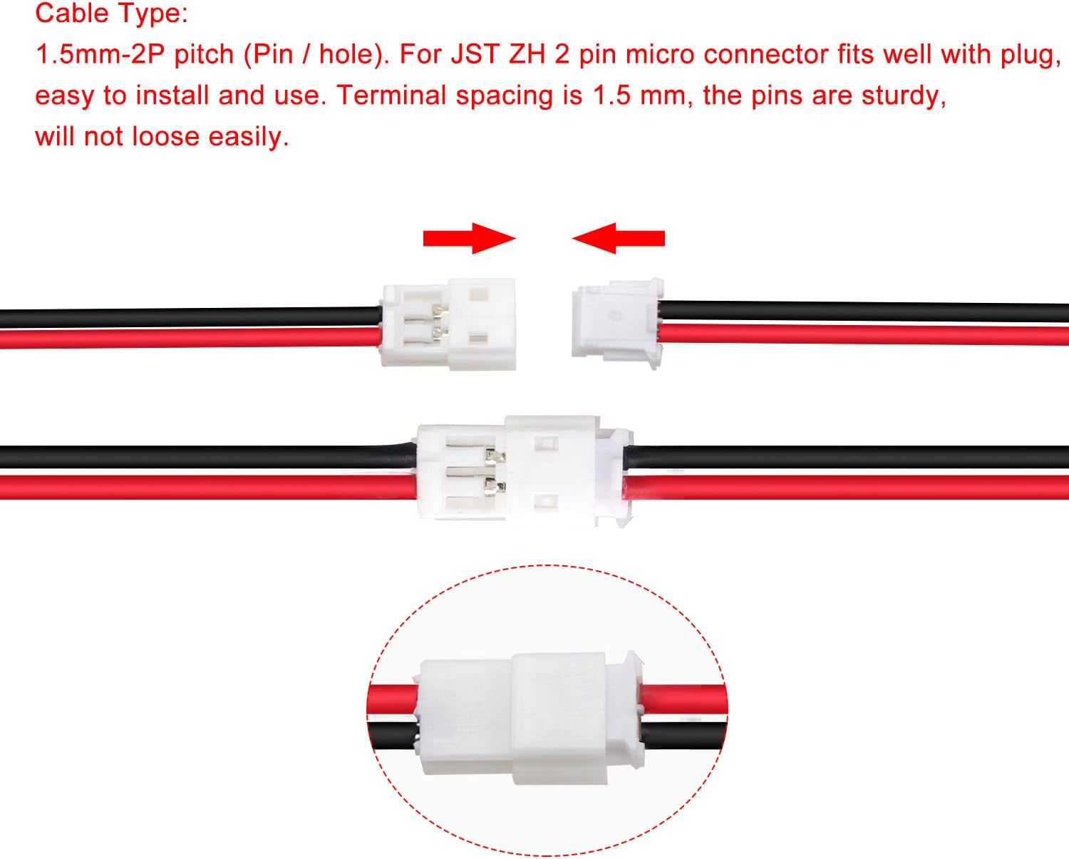 Lyeteung 30 Pairs JST 1.5 ZH 2 Pin Connectors, Mini Micro JST ZH 2-Pin Female and Male with 150 Mm 26AWG Cable Wire (Black Red) - 2 Pin - Red Black + Plug image number 2