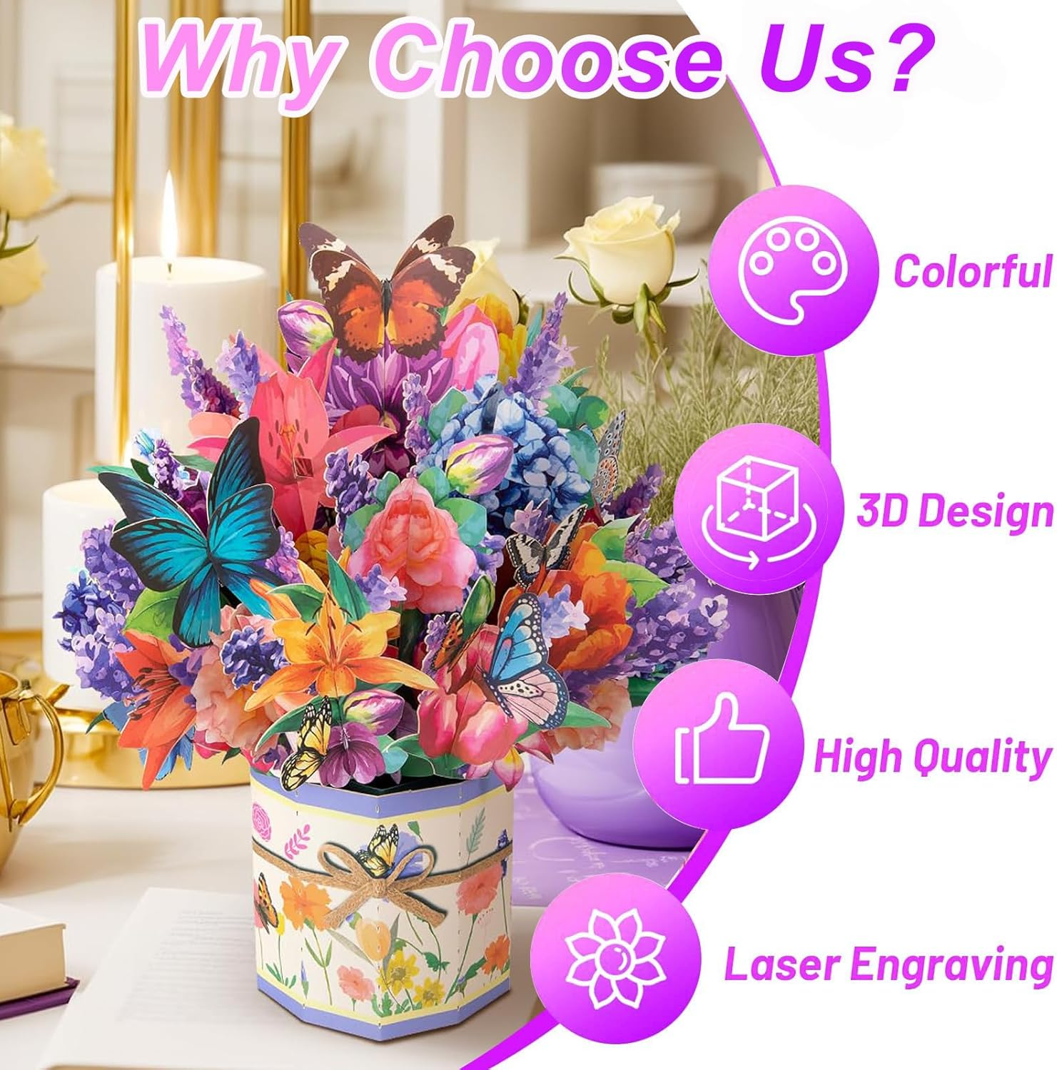 Flower Pop up Card Happy Mothers Day Card 3D Mothers Day Greeting Cards Carnation Flower Bouquet with Note Card and Envelope for Mom Birthday, Anniversary, Mother'S Day (Mixed Flower Butterfly) image number 5