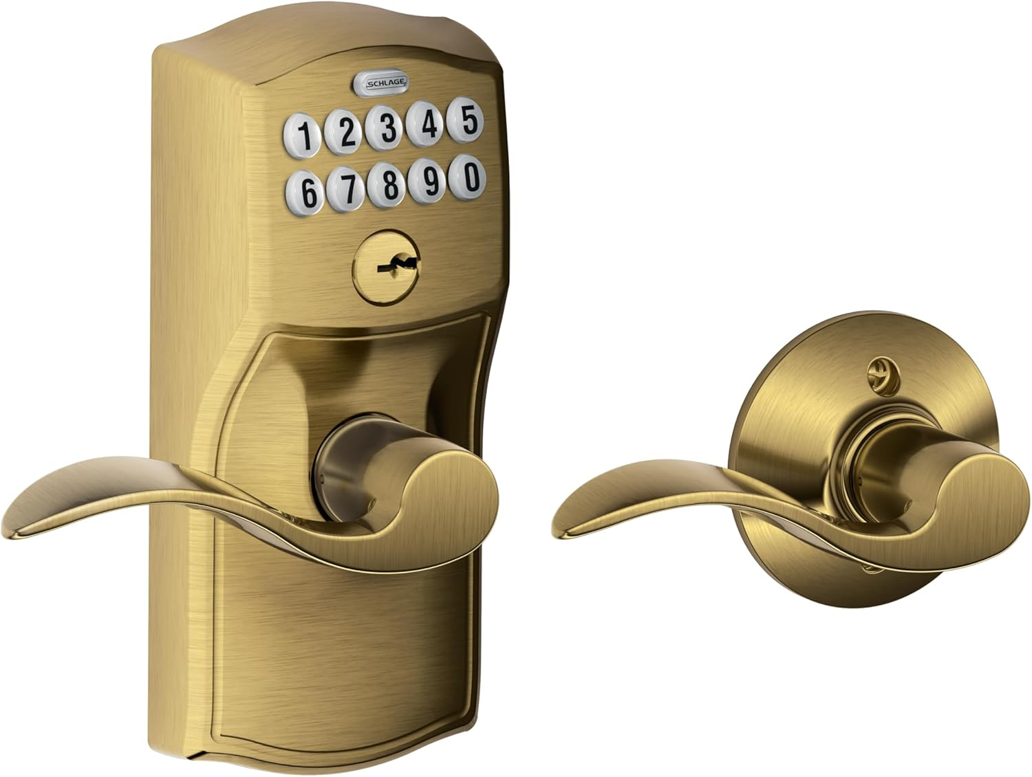 Schlage FE575 CAM 619 Acc Camelot Keypad Entry with Auto-Lock and Accent Levers, Satin Nickel