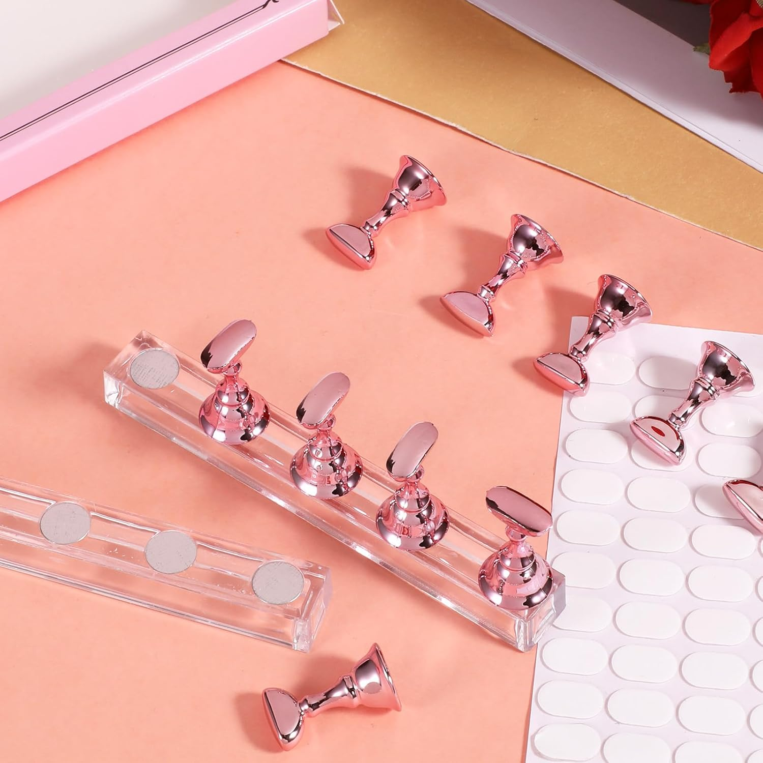 LXUEJIE Pack of 2 Nail Stands, Acrylic Nail Display Stand, Nail Practice Stand, Magnetic Nail Tips Holder for Nail Design, Nail Tools, DIY Nails (Rose Gold)