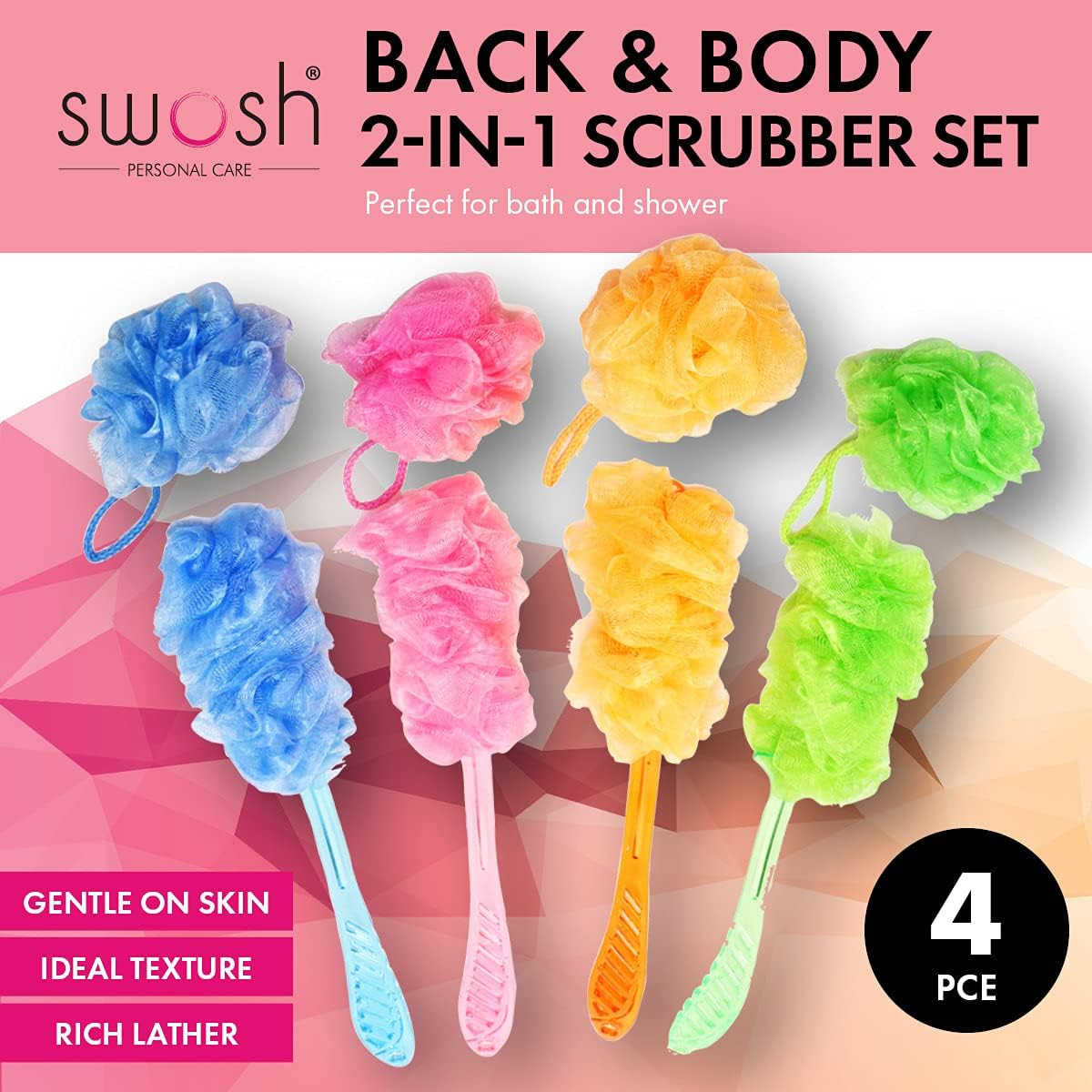 [4Pcs] Swosh Bath Shower Loofah Sponge Bath Mesh Pouf Shower Ball Body Scrubber Exfoliating Bath Sponge for Women and Men, Set of 4, Colorful image number 2