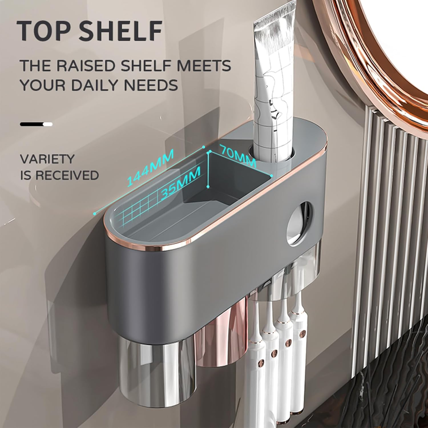 Hushmow Toothbrush Holder Wall Mounted, Toothbrush Holder for Bathroom with Automatic Toothpaste Dispensers,4 Toothbrush Slots,2 Cups and 1 Large Storage Tray - Brushed Gery image number 4