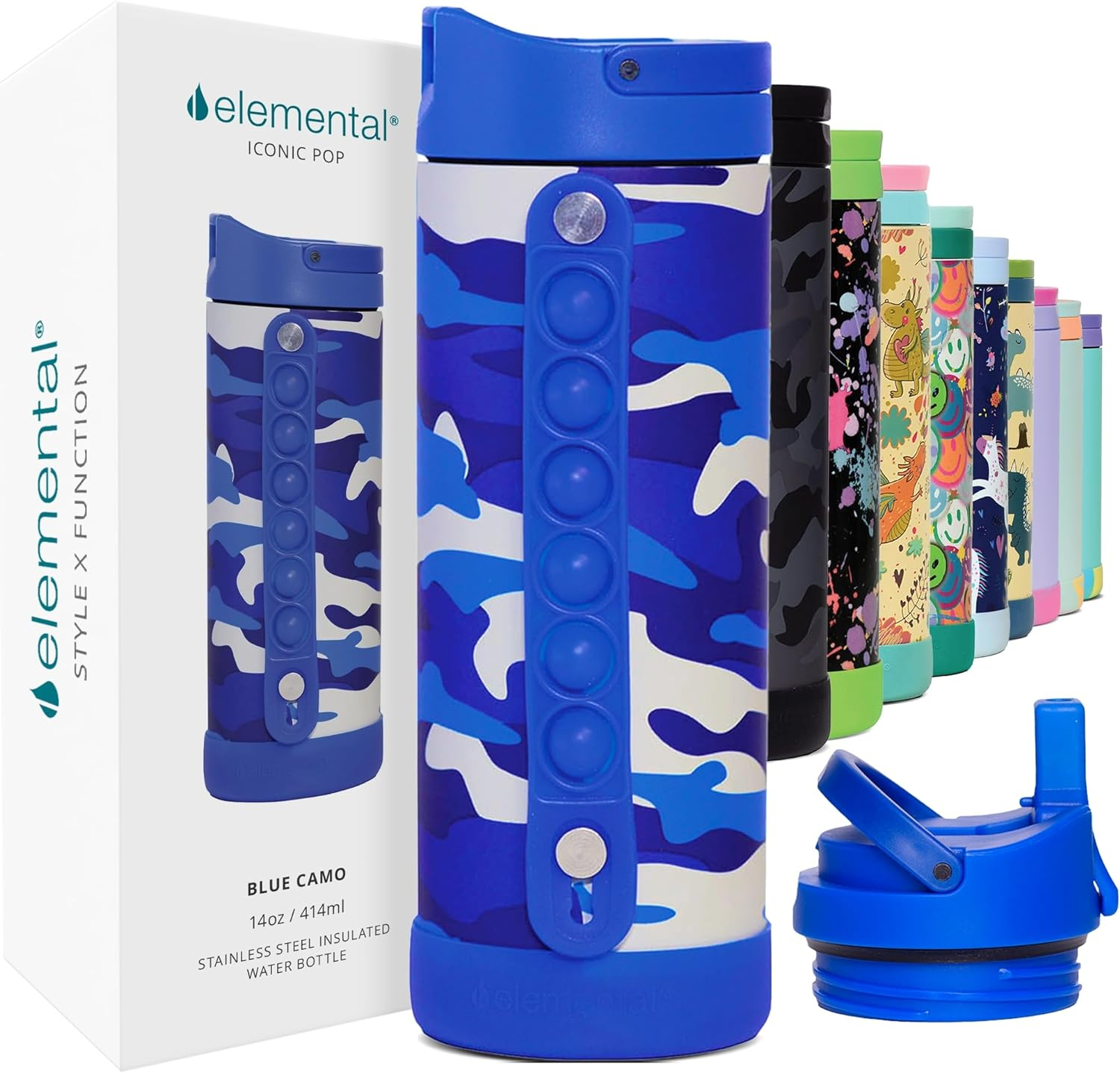 Elemental Iconic Kids Water Bottle - Leak Proof Insulated Water Bottle with Straw Lid & Stress Relief Pop It Handle - Stainless Steel Triple Wall Bottle for School, Bpa-Free, 414Ml - Lilac Tie Dye