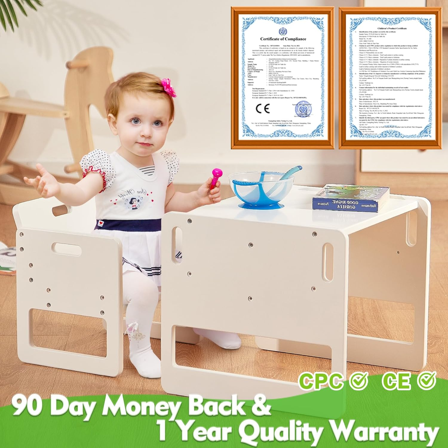 FUNLIO Montessori Weaning Table and Chair Set for Toddlers Age 1-3, Height Adjustable Toddler Table and Chair Set, Kids Table Chair for Reading/Eating/Playing, Easy to Assemble, CPC Certified - White image number 5