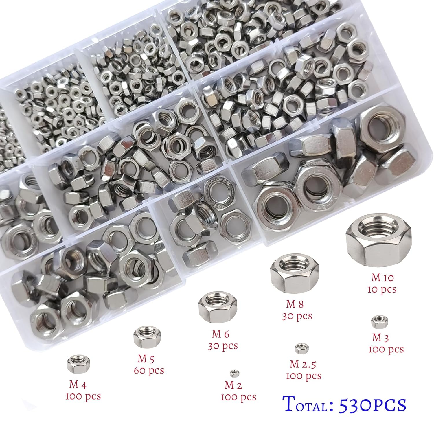 Ymaiss 530Pcs 304 Stainless Steel Hex Nuts Assortment Kit with Box 8Sizes M2 M2.5 M3 M4 M5 M6 M8 M10 Coarse Thread Hexagon Nut Hardware Nuts Sets for Screws Bolt image number 3