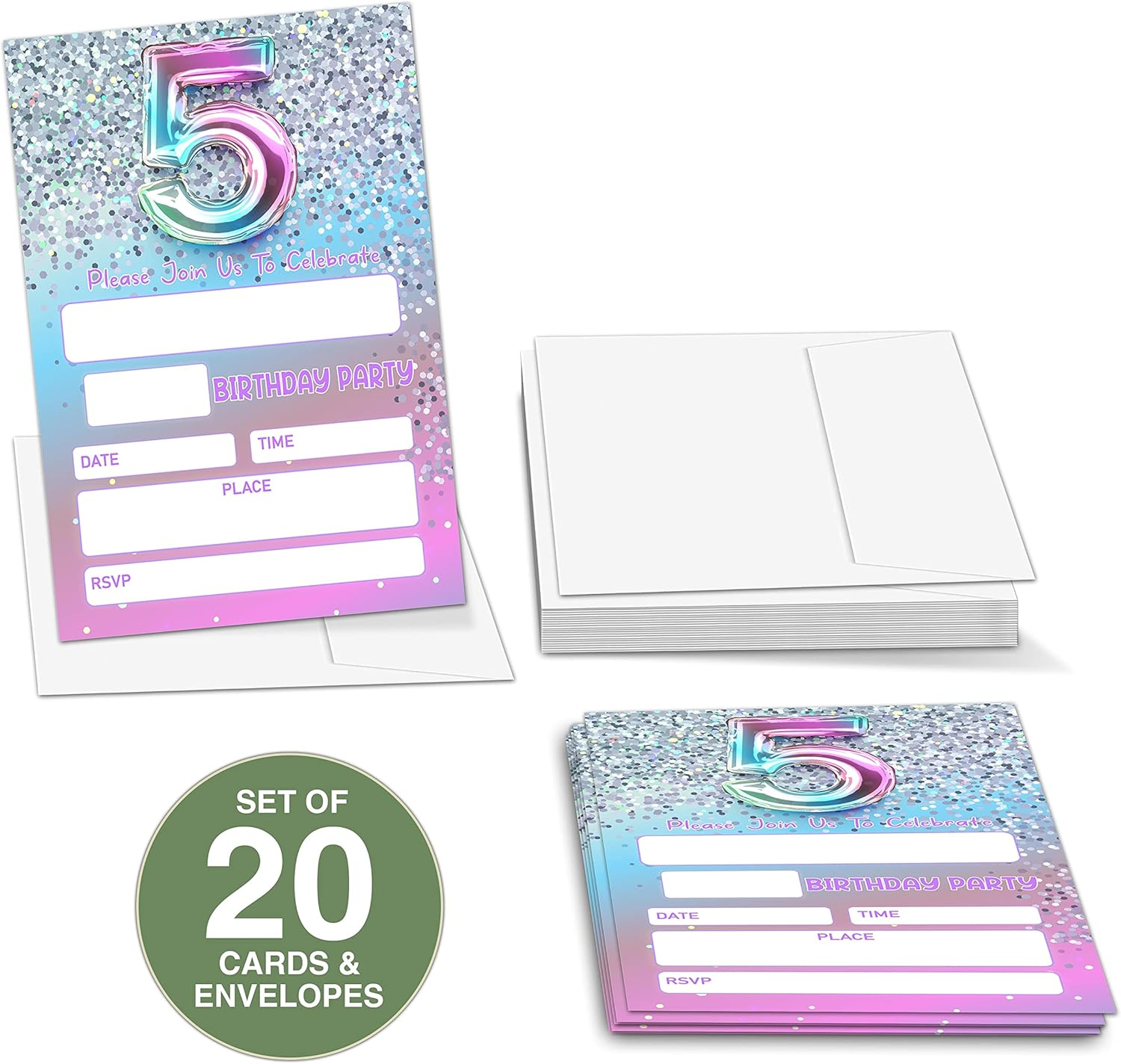 5Th Birthday Party Invitations for Girls or Boys, Silver Glitter Theme Birthday Parties Supplies Decorations, Rainbow Balloons Fill-In Invites(20 Invitations and Envelopes)-D01 image number 2